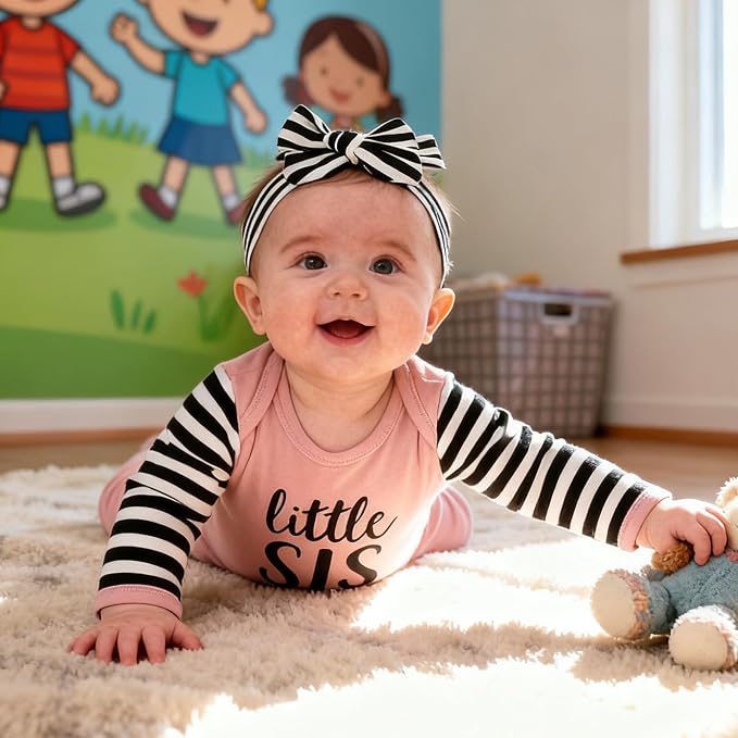 AMAWMW Newborn Baby Girl Little Sister Sleeper Gown Stripe Long Sleeve - Image 3