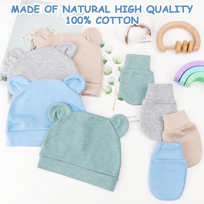 BQUBO Newborn Baby Bear Ears Hats and Mittens Sets Preemie Cotton Caps Baby Boy - Image 5