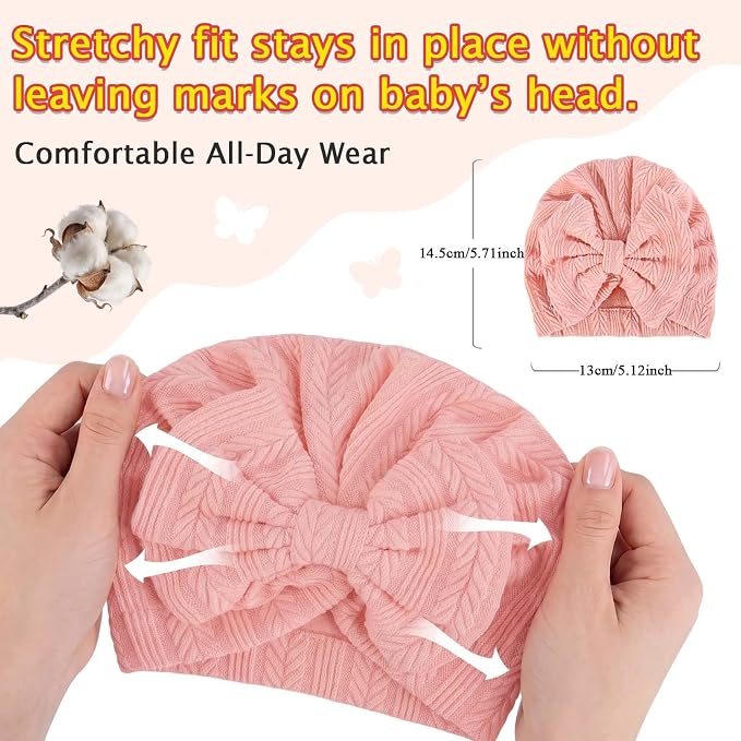 8 Sets Newborn Baby Girl Bow Hats and Mittens Turban Beanies 0-3M | Cotton - Image 3
