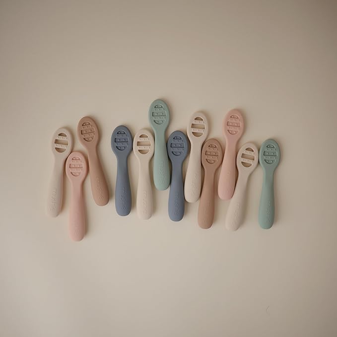 mushie Silicone First Feeding Baby Spoons | 2 Pack (Cambridge Blue/Shifting Sand)