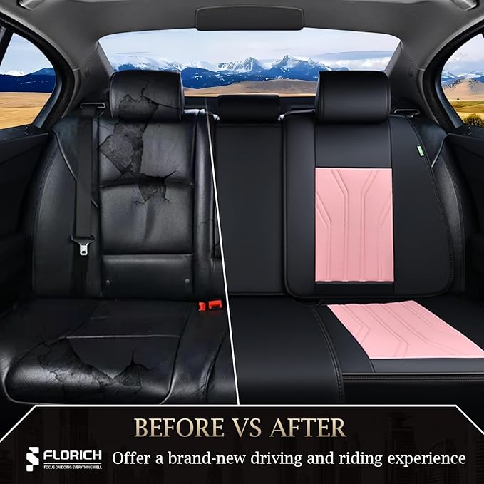 FLORICH Rear Seat Covers Leather Car Seat Covers Waterproof Back Seat Cover Automotive Seat Covers Universal Seat Cushion Protector for Most Cars Trucks SUV-Black&Pink