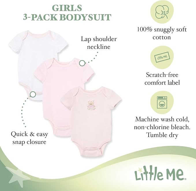 Little Me Clothes for Baby Girls' 3-Pack 100% Cotton Bodysuits - Image 3