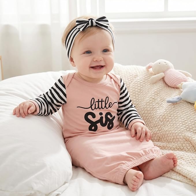 AMAWMW Newborn Baby Girl Little Sister Sleeper Gown Stripe Long Sleeve - Image 4