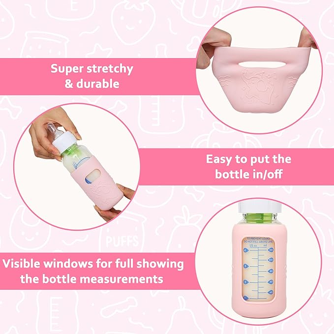 KingKam 4 Pack Silicone Sleeves for Dr. Brown's Glass Baby Bottles, Anti Breakage Baby Bottle Sleeves Holder, Compatible with Dr. Brown's Newborn Narrow Glass Baby Bottles 4oz