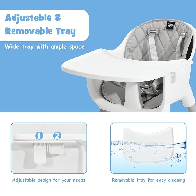 BABY JOY High Chair, 5 in 1 Convertible Highchair for Babies & Toddlers | Booster Seat | Table and Chair Set | Infant Feeding Chair with Removable Tray, Safety Harness, Removable Cushion (Gray)