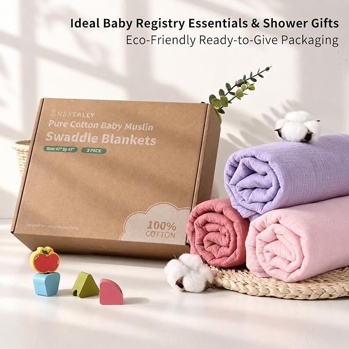 NESTALLY Cocoon Muslin Swaddle Blankets 3 Pack, Soft Breathable Large 47"x47" - Image 3