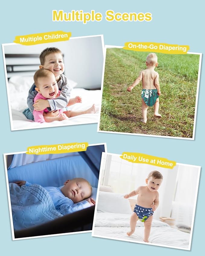 babygoal AWJ Cloth Diapers with Tummy Panel Pack of 13, 6 Diaper Cover with 6 Inserts and Wet Dry Bag, Adjustable Washable Reusable for Baby Girls and Boys