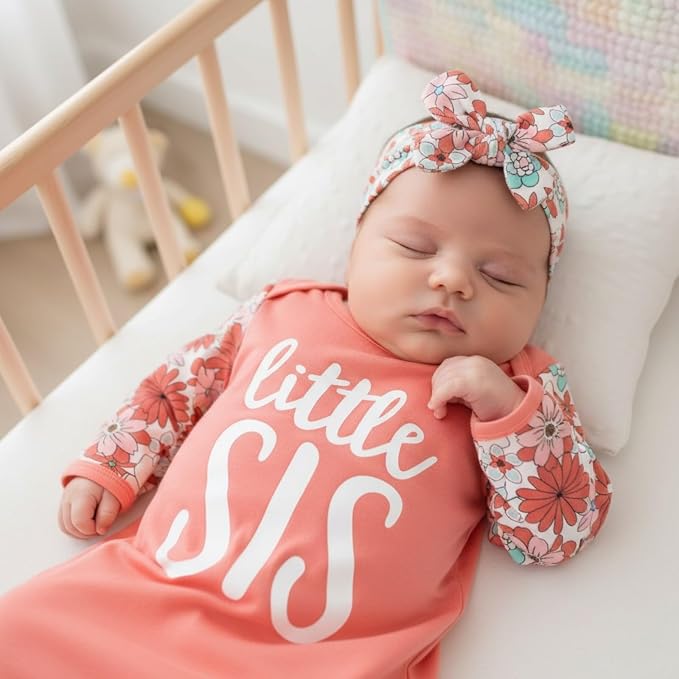 AMAWMW Newborn Baby Girl Little Sister Sleeper Gown Stripe Long Sleeve - Image 4