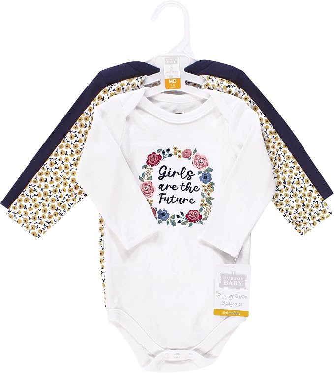 Hudson Baby Baby Girls' Cotton Long-sleeve Bodysuits 3-pack - Image 2