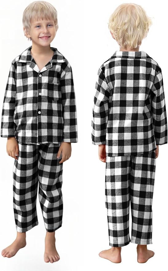 Schbbbta Kids Pajamas Set, Plaid Button Down Pjs for Girls & Boys, 9 Months - 14 Years