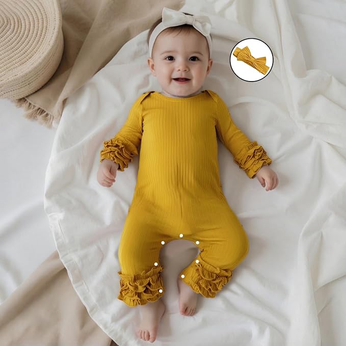 Newborn Baby Girl Clothes Jumpsuit Ruffle Romper Bodysuit Pants Headband - Image 2