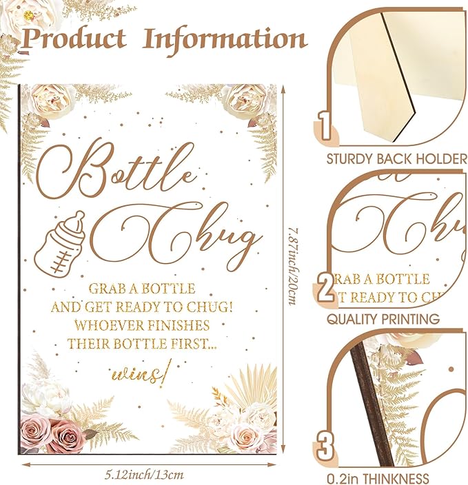 TrelaCo Cool Baby Shower Games Wooden Bottle Chug Sign Boho Theme Gift Sets and 12 Pcs Baby Bottle Shower Favor for Pampas Games Gender Reveal (Boho Pampas)