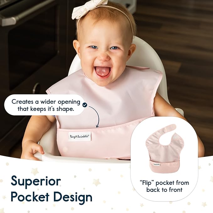 Tiny Twinkle Mess Proof Baby Bibs for Eating – Waterproof, Wipeable Toddler Bibs with Pocket – Baby Food Bibs for Girls & Boys(5 Pack,Girl Solids)