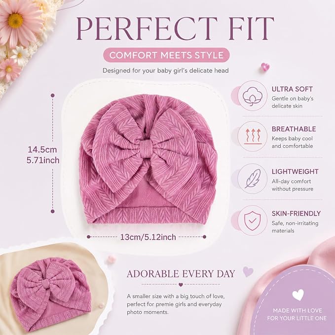 8 Sets Newborn Baby Girl Bow Hats and Mittens Turban Beanies 0-3M | Cotton - Image 2