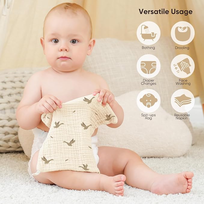 Bearmoss 12 Pack Baby Muslin Washcloths, 100% Cotton 10"x10" Face Towels - Image 4