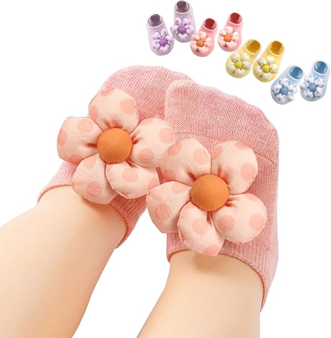 4Packs Baby Girls Socks, Flower Non-Slip Grips by KEAINVRN