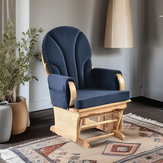 Rubber Wood Gliding Rocking Chair for Nursery, Velvet Frabic Rocking Chair Glider Rocker with Arm Rest, Padded Cushion for Living Room Bedroom Reading Room, 280lbs Weight Capacity, Blue