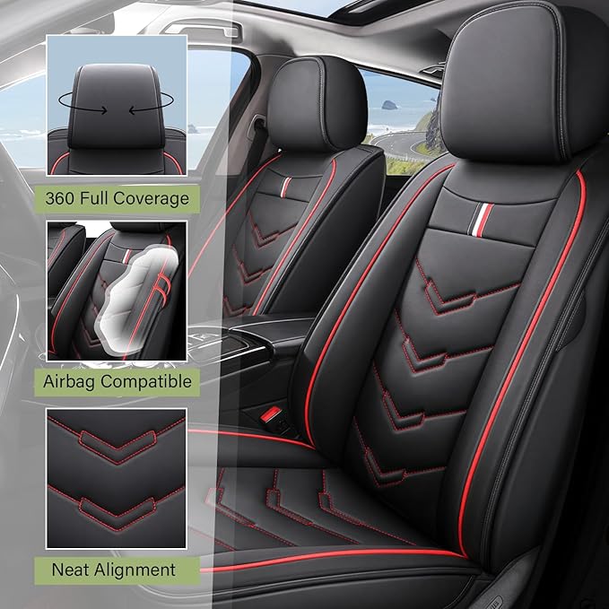 Leather Car Seat Covers Fit for LR LR4 2009-2016, 5 Seater Waterproof and Wear-Resistant Seat Cover Interior Accessories(Full Set,Black&Red)