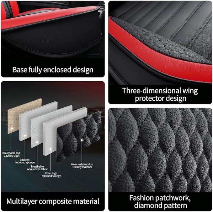 Leather Car Seat Covers for Toyota Corolla 2006-2024,Car Seat Covers Full Set,Seat Covers with Safety,Waterproof Seat Cover Compatible Airbag(5pcs Black&Red Bars Standard)