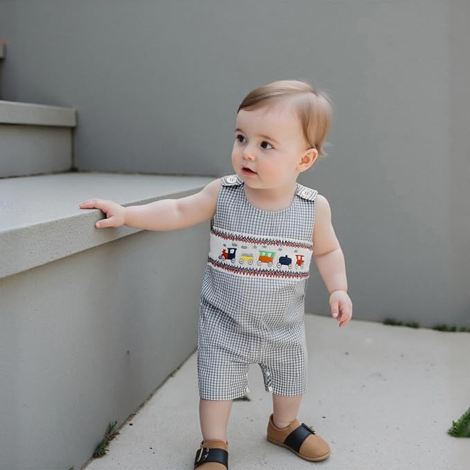 Newborn Baby Boys Sleeveless Seersucker Romper One Piece Straps Overalls - Image 7