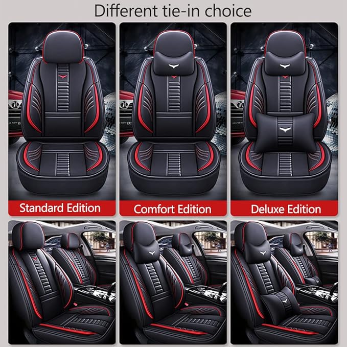 Luxury 2 Seats Car Seat Covers Protectors for Suzuki 1999-2025 95% Models, Back Storage Bag Design & Headrest Pillow & Lumbar Support Black & Red Line