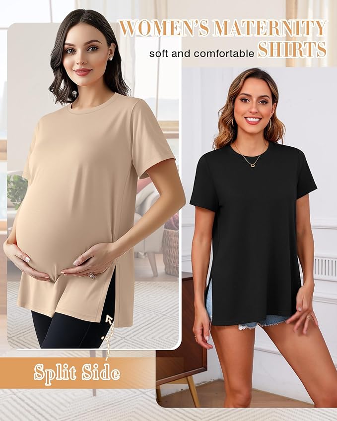 Ficerd 3 Pack Women's Maternity T Shirts, Short Sleeve Side Split Pregnancy Tops Casual Crew Neck Pregnant Tees Mama Clothes