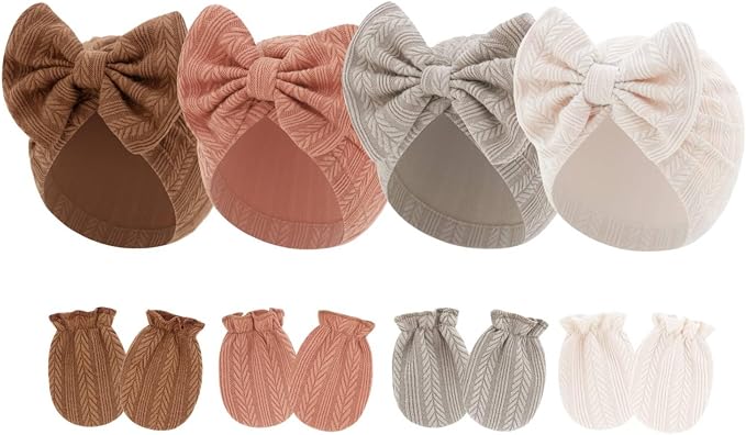 4 Pcs Newborn Hats Mittens Set Infant Cap Bow Hospital Beanie Preemie Hat by Unknown