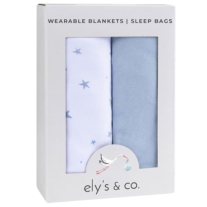 Ely's & Co. 100% Cotton Wearable Blanket Baby Sleep Bag Solid Dusty Blue and Dusty Blue Stars 2 Pack (Baby Boy, Girl 0-3 Months)