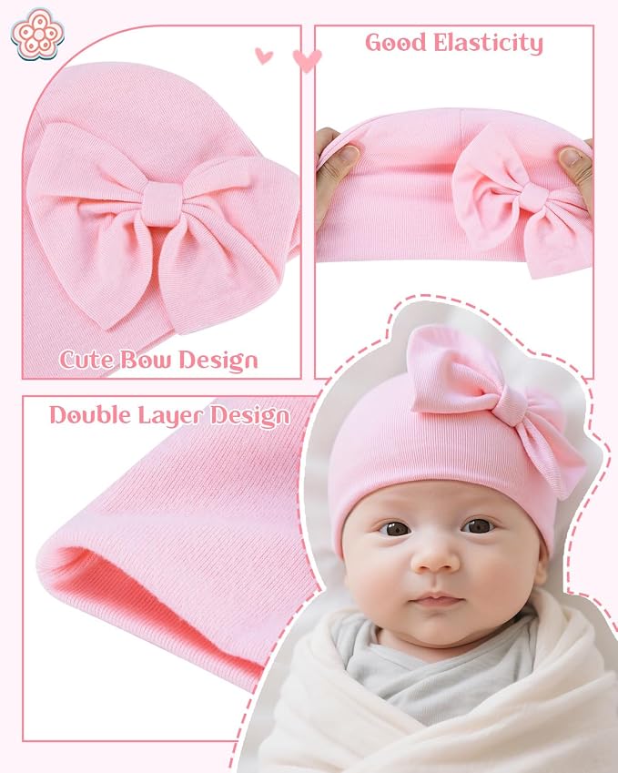 Newborn Baby Girl Hats and Mittens Set, Hospital Hat, Bow Beanie Infant Gift - Image 2