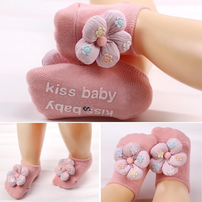 4Packs Baby Girls Socks, Flower Non-Slip Grips - Image 2