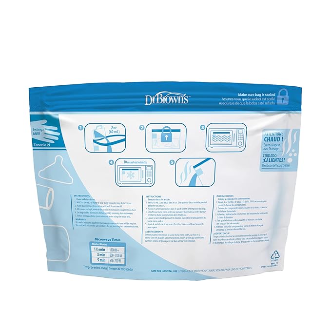 Dr. Brown's Microwave Steam Sterilizer Bags for Baby Bottles, Pacifiers, Pump Parts and Accessories, Travel Baby Bottle Sterilizer, 30 Uses per Bag, 5 Count (Pack of 1)