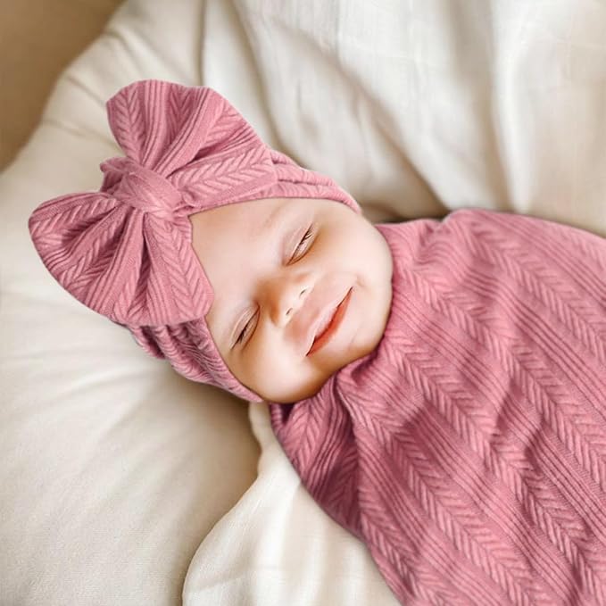 AQOKKA Newborn Receiving Blanket Wheat Ear Bow Hat Hairband Set - Image 3
