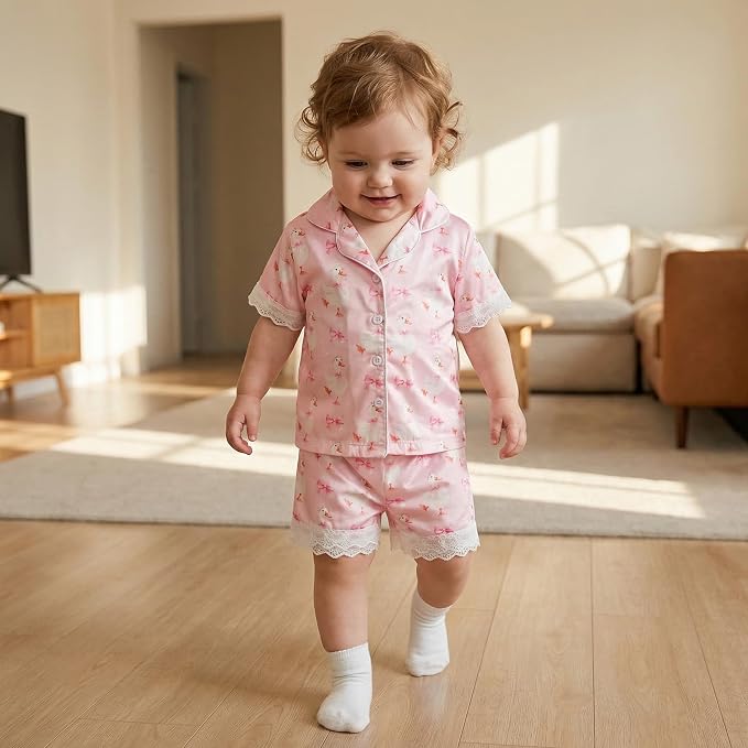 Kuriozud Toddler Baby Girl Pajamas Set Summer Floral Short Sleeve Button Down - Image 4