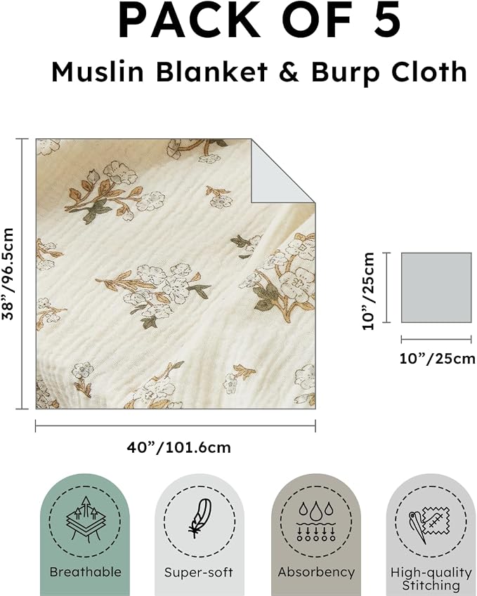 5 Pack Muslin Swaddle Blankets & Baby Burp Cloths, Soft & Breathable Cotton - Image 3