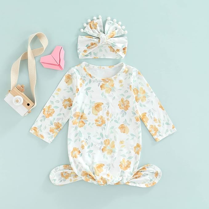 Newborn Baby Girl Floral Sleep Gown Headband Sleepwear Outfit - Image 2