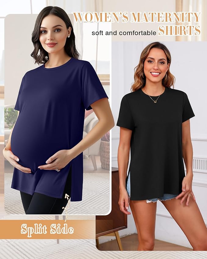 Ficerd 3 Pack Women's Maternity T Shirts, Short Sleeve Side Split Pregnancy Tops Casual Crew Neck Pregnant Tees Mama Clothes