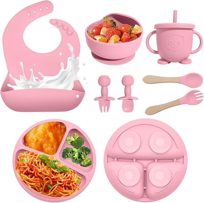 Baby Led Weaning Supplies, 8 Piece BPA-Free Silicone Feeding Set, Silicone Suction Bowl, Forks & Spoons, Bib & Cup, Develops Self Feeding Skills, Dishwasher Safe, for 6+ Months (Pink)