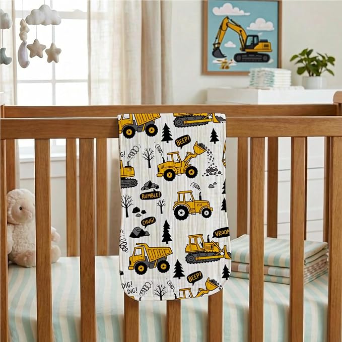 6 Pack Baby Burp Cloths for Boys, Construction Vehicle Theme Large Cotton - Image 3
