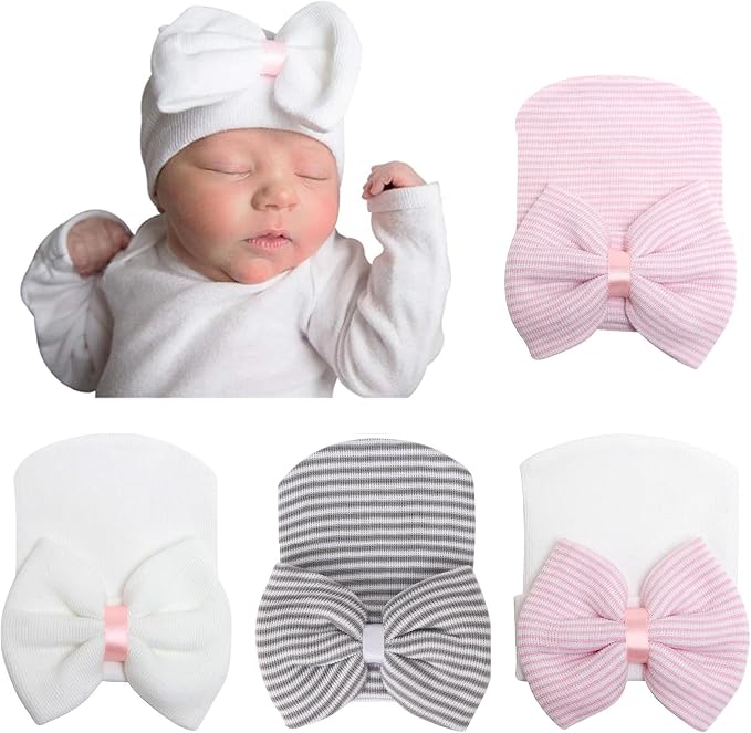 Newborn Baby Girl Hats with Bow No Scratch Cotton Toddler Infant Hat Beanie by AQOKKA