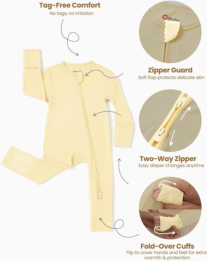 PATPAT Baby Footie Romper with Mittens for Boy and Girl, Anti-Slip & 2-Way Zipper, Long Sleeve, Viscose from Bamboo, Outfit