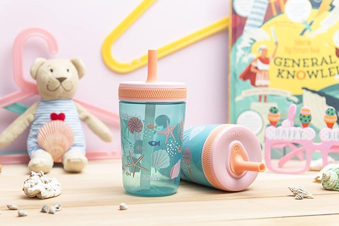 Zak Designs Shells Kelso Tumbler Set, Leak-Proof Screw-On Lid with Straw, Bundle for Kids Includes Plastic and Stainless Steel Cups with Bonus Sipper (3pc Set, Non-BPA) (Pack of 12)
