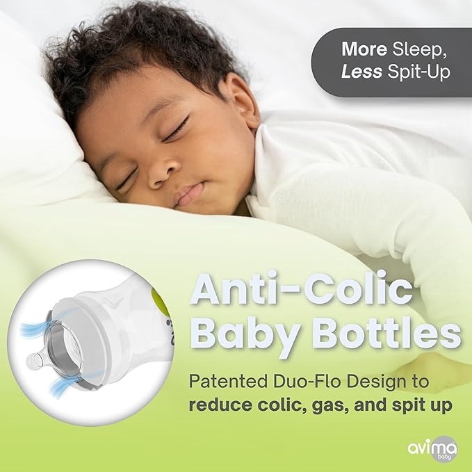 Avima Baby 4 oz Anti Colic Baby Bottles for Breastfed Babies - Slow Flow Nipples, Wide Neck Bottle, BPA Free - Newborn 0-3 Months, Stage 1 (Set of 3)