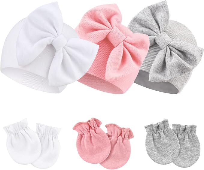BQUBO Newborn Girls Hats Baby Hat and Mittens Set Infant Caps Bow Hospital by DRESHOW