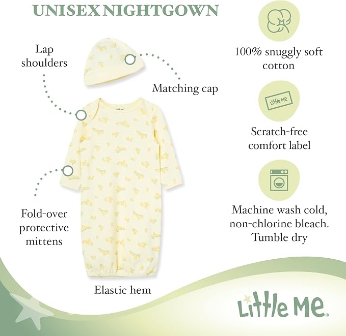 Little Me Clothes Baby Gender Neutral 2-Pc Nightgown and Cap Set 100% Cotton - Image 2