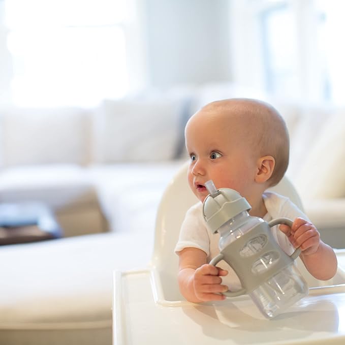 Dr. Brown's Milestones Wide-Neck Sippy Straw Bottle with 100% Silicone Handles and Weighted Straw, 9 oz/270 mL, Gray & Green, 6m+