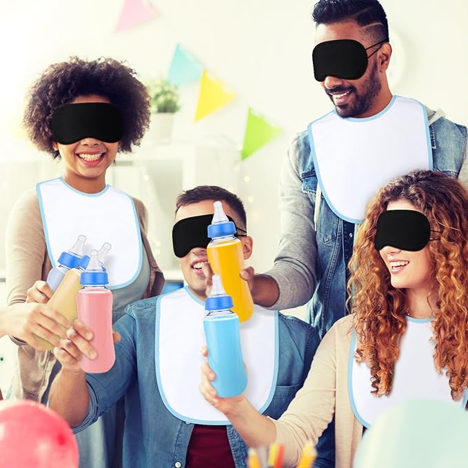 Leinuosen 24 Pcs Baby Shower Blindfold Feeding Game Set Include 6 Plastic Chug Bottles 6 Bib and 12 Eye Mask Blindfold Baby Feeding Bottle Chug Game for Adult Gender Reveal Party Supplies(Blue)