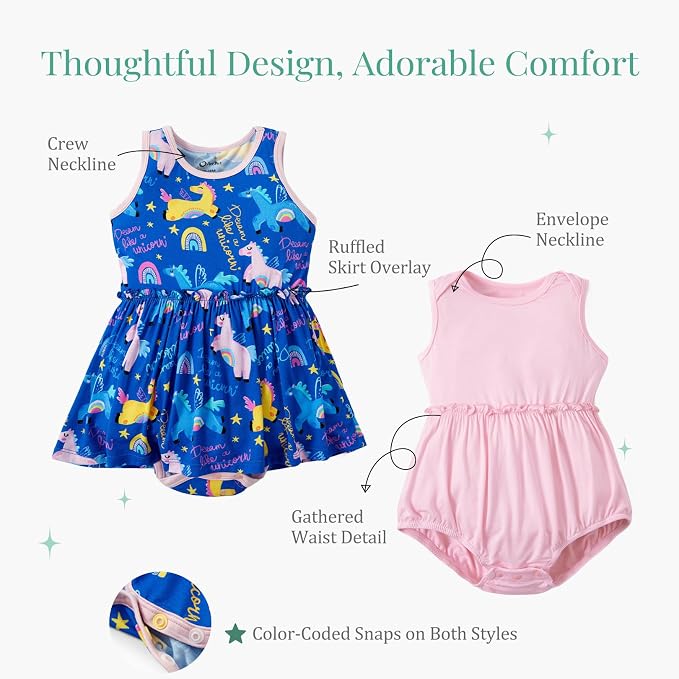 PATPAT Baby Girl Bamboo Viscose 2-Pack Romper & Dress | Color-Coded Snaps - Image 5