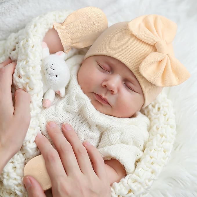 BQUBO Newborn Baby Girls Hats Mittens Set Hospital Hat Beanie Infant Bow Hats - Image 2