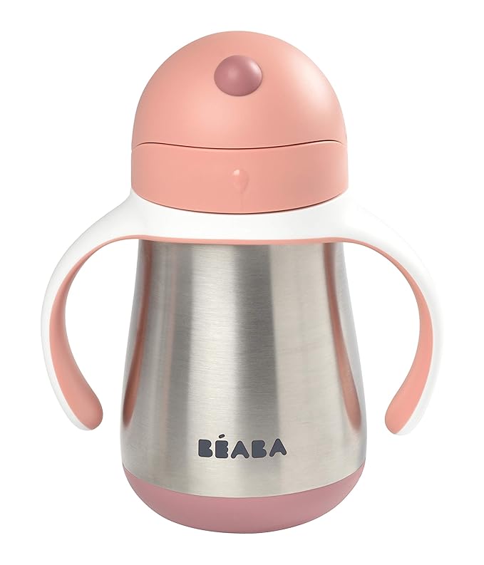 BEABA Stainless Steel Straw Sippy Cup, Insulated Toddler Cups Spill Proof with Removable Handles, Made with High Grade Stainless Steel, 8+ months, 8.5 oz, Rose