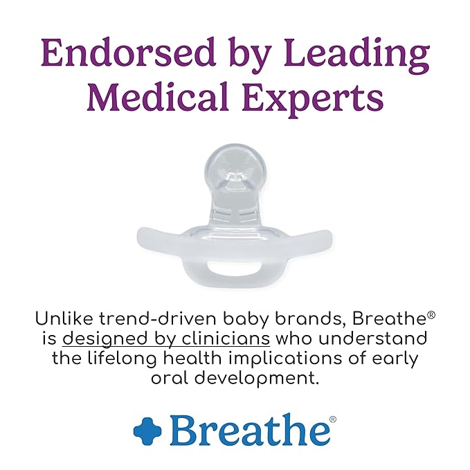 Breathe Baby Pacifier – Patented Design for Natural Oral & Facial Development - BPA-Free, Latex-Free, Pediatrician Developed - Dishwasher Safe 2 Pack (Stage 1: 0-3 Months)